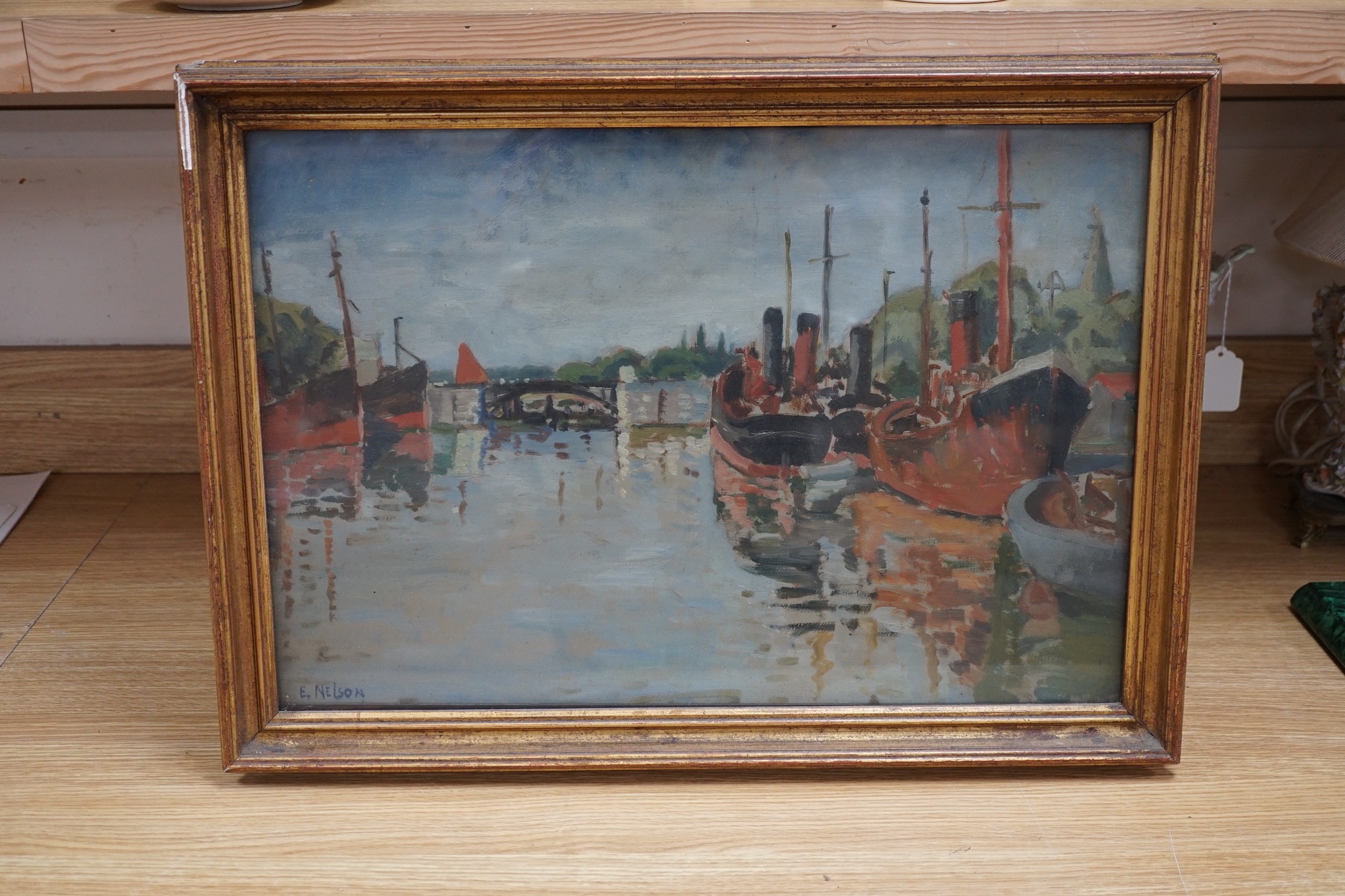 Miss E. Nelson (Exh. 1890), oil on canvas, Shipping moored in harbour, signed, 37 x 54cm